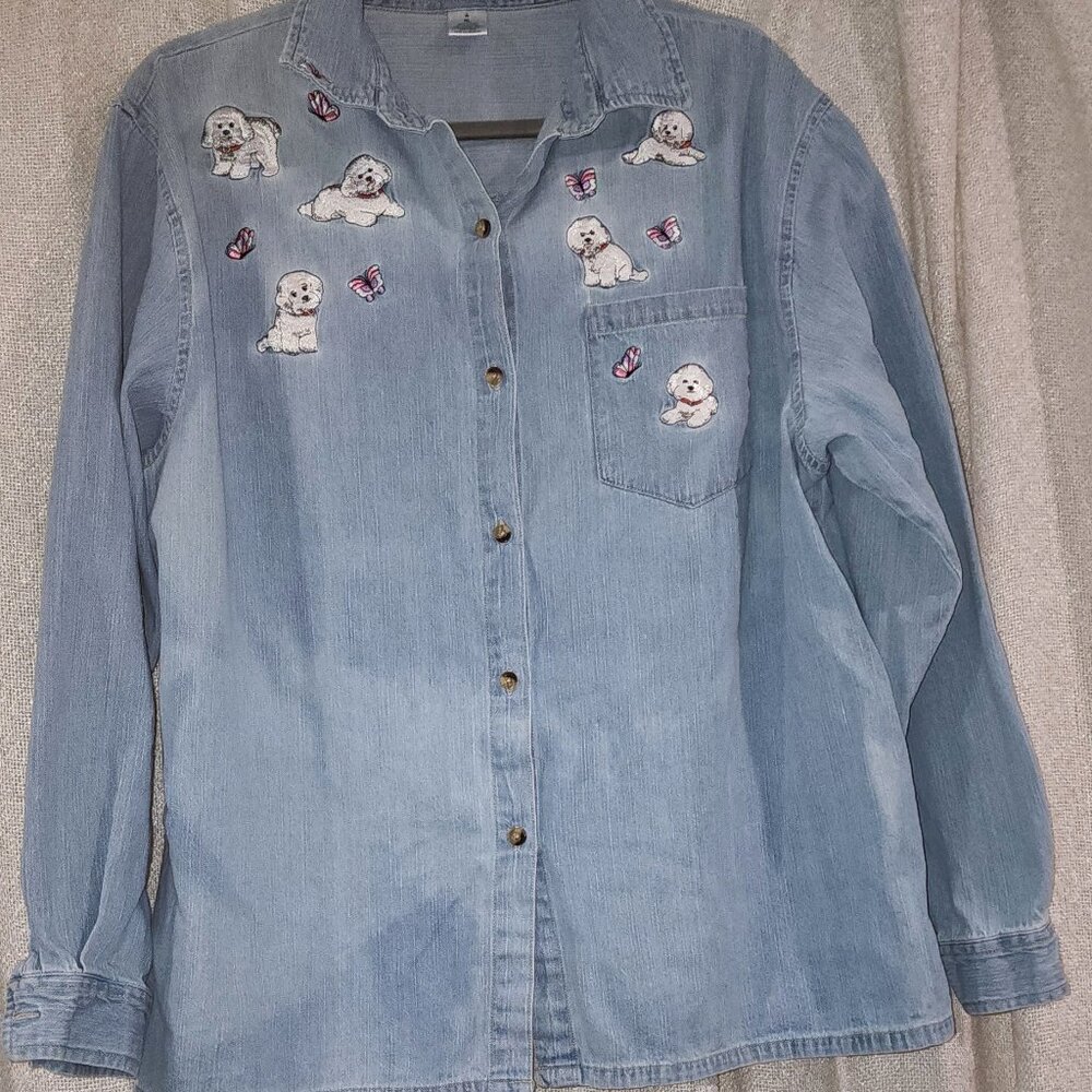 Bichon Frise Dog Breed Embroidered Denim Shirt Size XL Fits Like a Large